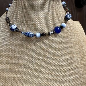 Artisanal Blue and White Beaded Necklace